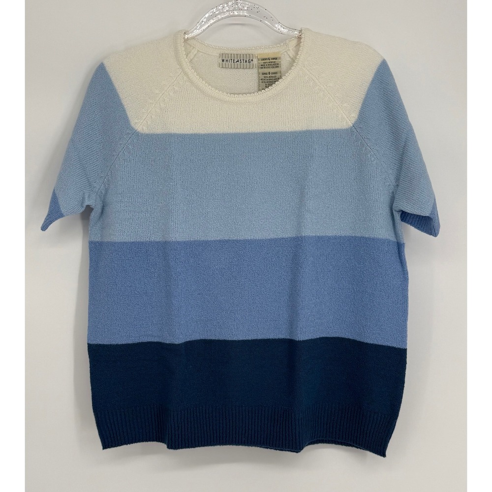 White Stag‎ Womens Blue Colorblock Stripe Short Sleeve Knit Sweater Sz L